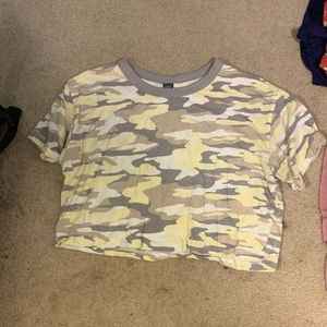 Women's gray, white and yellow camo top